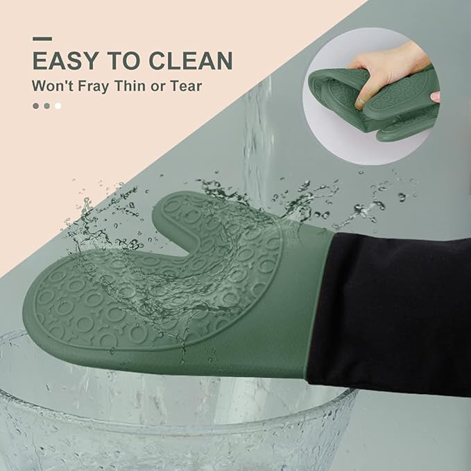 sungwoo Extra Long Silicone Oven Mitts, Heat Resistant Oven Gloves with Quilted Liner Non-Slip Textured Grip Perfect for BBQ, Baking and Cooking - 1 Pair 14.6 Inch Midnight Green & Black