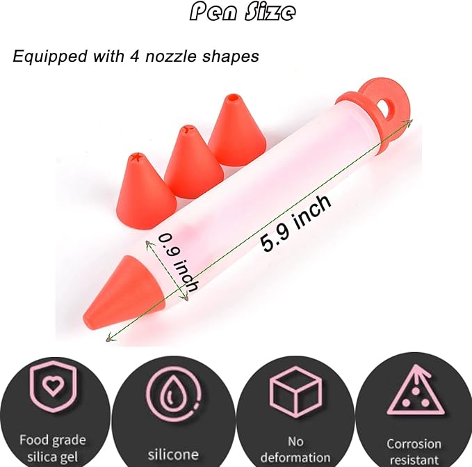 Cake Decorating Pen Dessert Decorating Tool, Silicone Food Syringe Cylinder with 4 Heads Cookie Icing Piping Nozzles Used for Chocolate Jam, Lettering, Drawing, Cream (Black)