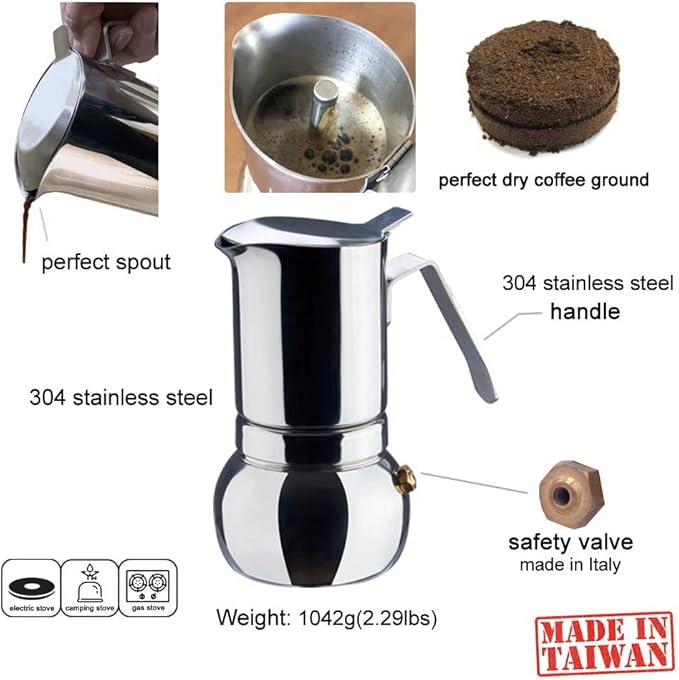 DÉBUT Stainless Steel Italian Espresso Coffee Maker Stovetop Moka Pot Greca Coffee Maker Latte Cappuccino Percolator, 8 Espresso Cup - 16.9 Oz
