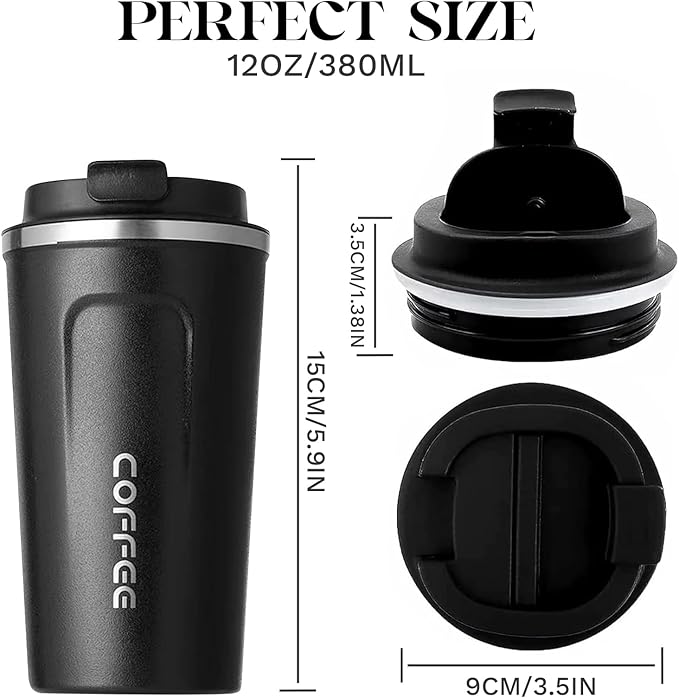 YINBAOGE Insulated Travel Coffee Mug Spill Proof Leak Proof Pobtable To Go Camping Stainless Steel Coffee Tumbler Reusable Coffee Cups with Lids Thermos for Hot and Cold Drink (2nd-Black, 12 OZ)