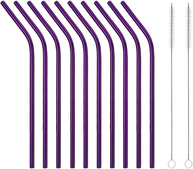 10 Pcs Stainless Steel Straws, Reusable Drinking Straws, Bent Metal Straw Sets with 2 Pcs Cleaning Brushes (Purple, 8.5 Inch)