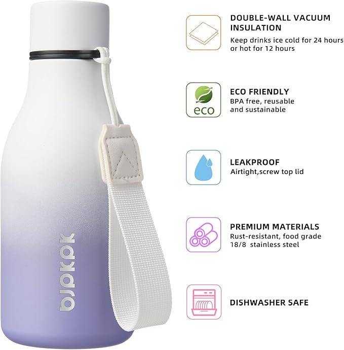 BJPKPK Insulated Water Bottles, 12oz Stainless Steel Metal Water Bottle with Strap, BPA Free Leak Proof Thermos, Mugs, Flasks, Reusable Water Bottle for Sports & Travel, Lilac Elegance