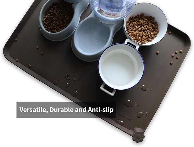 Hoki Found X-Large Silicone Pet Food Mat Tray - Non-Slip Dog and Cat Bowl Placemat - Waterproof Feeding Mat for Carpet - Coffee