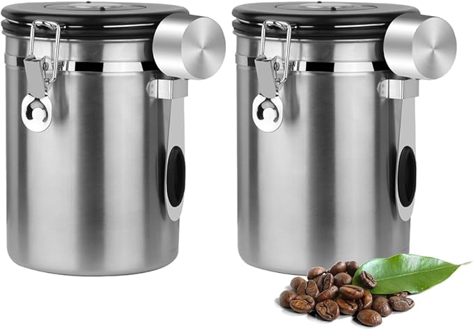 Coffee Canister Airtight Storage Container Stainless Steel Air Tight Coffee Jar with Scoop, Date Tracker CO2 Release Valve for Dry Food, Beans, Ground, Tea, Flour, Cereal and Sugar (1.8L-Silver-2pcs)