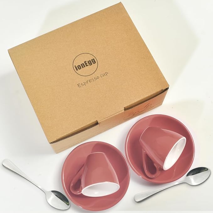 Porcelain Espresso Cup with Saucer And Stainless Steel mini Spoons, Espresso shot Cup, 80ml/2.7Oz, Pack of 2, Pink