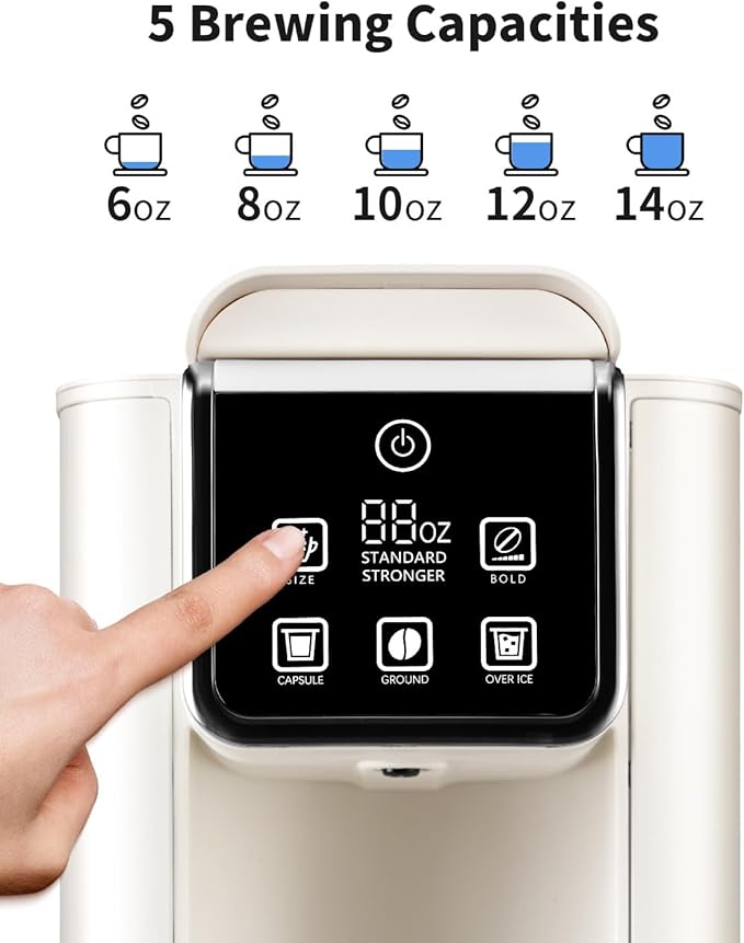Hot & Iced Coffee Maker with Bold Setting, Single Serve Coffee Maker for K Cup and Grounds, 6-14 Oz Brew Sizes, 50 Oz Removable Water Tank, One Cup Coffee Machine with Reusable Filter, White