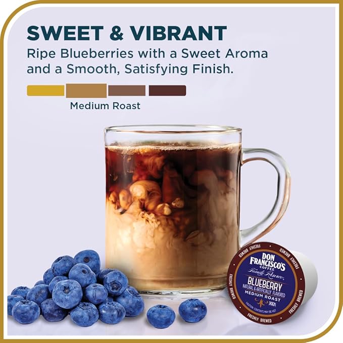 Don Francisco's Blueberry Flavored Coffee - 72 K-Cup Compatible Single-Serve Pods - 100% Arabica - Recyclable through TerraCycle - Smooth, Sweet Berry Flavor - Compatible with Keurig Brewers