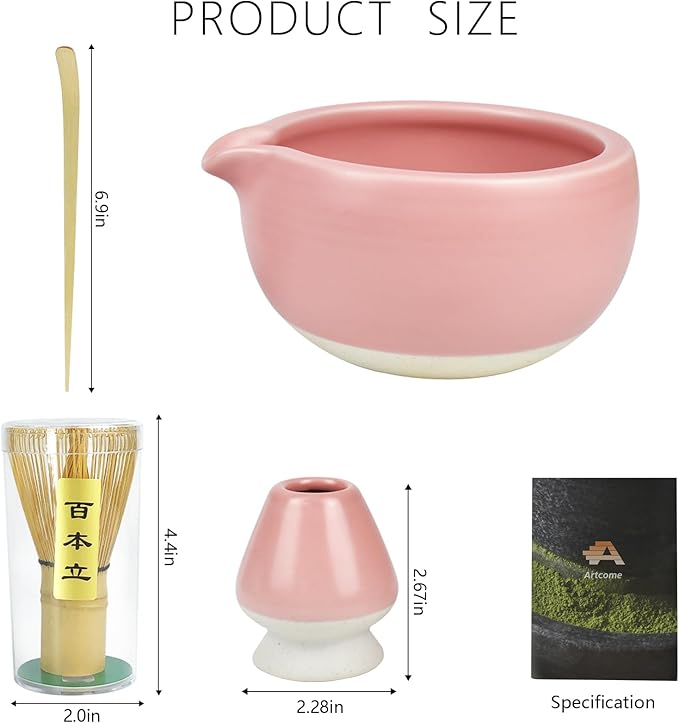 Artcome Complete Matcha Tea Ceremony Kit - Bowl, Whisk, Whisk Holder, Tea Scoop - For Usucha, Koicha, Matcha Latte (Pink)