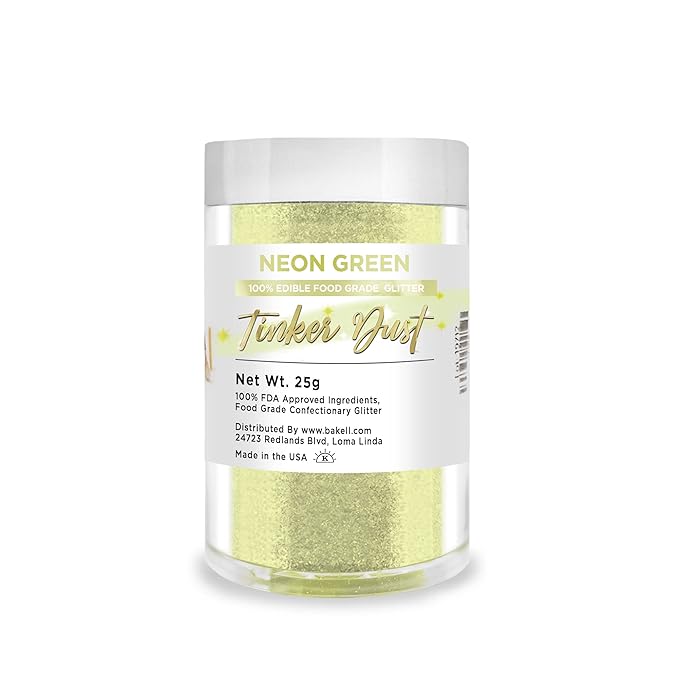 BAKELL Neon Green Edible Glitter, 25 Grams | TINKER DUST Edible Glitter | KOSHER Certified | 100% Edible Glitter | Cakes, Cupcakes, Cake Pops, Drinks, Dessert Vegan Glitter & Dusts (25g, Neon Green)
