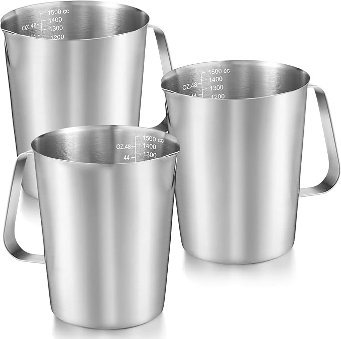 Flutesan 3 Pcs Stainless Steel Measuring Cups Measuring Pitcher with Handle with Markings for Latte Art, Water Pouring 6 Cup (50 oz)
