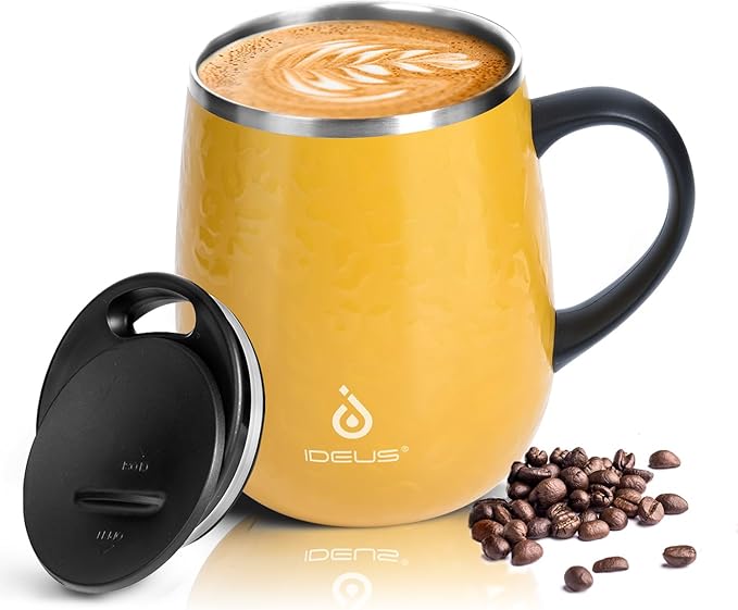 Ideus 16 oz Insulated Coffee Mug with Handle and Lid, Double Wall Stainless Steel Vacuum Thermal Coffee Mug, Travel Coffee Cup Thermal Cup for Home and Office, Leopard Yellow