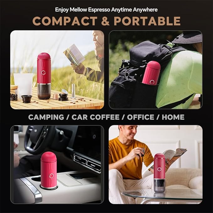 BENFUCHEN Portable Electric Espresso Machine, Travel Coffee Maker for Camping, On the Go Car Coffee Maker Self-Heating with USB-C, With Ground Coffee & N Espresso Capsule for RV/Hiking/Office, Red