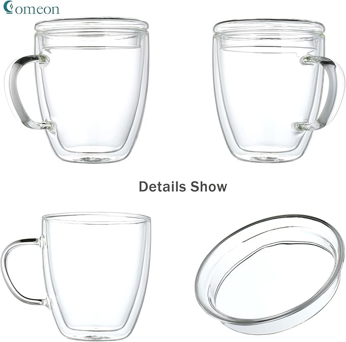 Insulated Espresso Cups - 16 oz Double Wall Glass Mugs With Handle and Lid - Cold & Heat Resistant - Perfect for Coffee, Tea, Milk, Wine