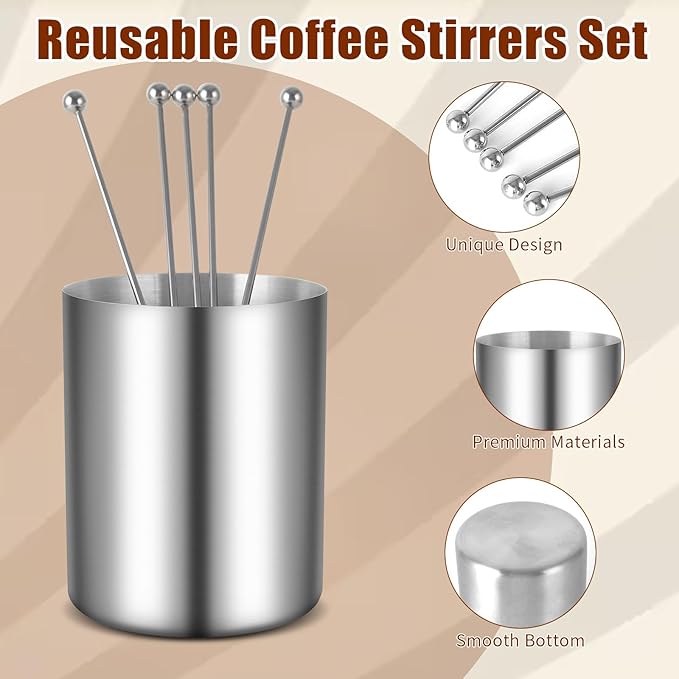 5 Pieces 7.4 Inch Stainless Steel Coffee Stirrers Holder Stainless Steel Swizzle Stick Coffee Stirrers Reusable Stir Sticks for Cocktails Coffee Whiskey