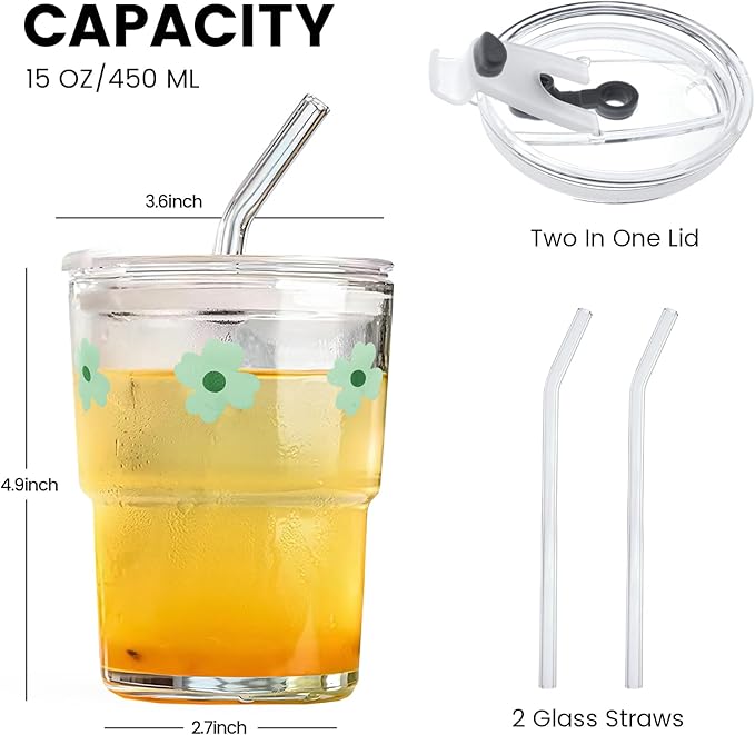 Iced Coffee Cup, 15Oz/450ml Glass Cups With Lids And Straws, Iced Coffee Glasses Tumbler, Thick Wall Glass Mug For Tea Water With 2 Straw, Coffee Tumbler Gifts