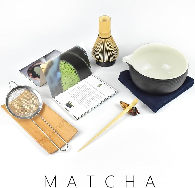 Artcome Bluestone Glaze Matcha Kit for Japanese Tea Ceremony, Bowl with Pouring Spout, Whisk, Tea Scoop, Matcha Powder Strainer, Matcha Tea Set For Making Usucha, Koicha and Matcha Latte (8 PCS)