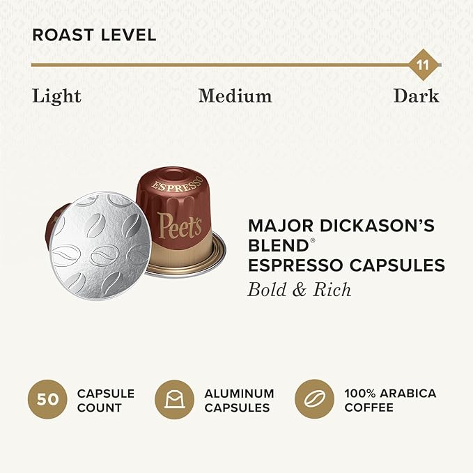 Peet's Coffee, Dark Roast Espresso Capsules, Compatible with Nespresso Original Machines - Major Dickason's Blend Intensity 11, 50 Count (5 Boxes of 10 Espresso Capsules)