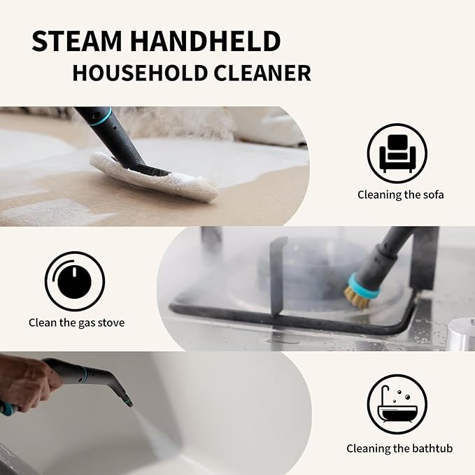 Handheld Pressurized Steam Cleaner. 4Bar for Home, Kitchen, Bathroom, 15s Heat-Up, 6 Adjustable Levels, Large 42.27oz Tank, Portable Steamer for Tile, Grout, Floor, Shower, Walls with 12 Accessories