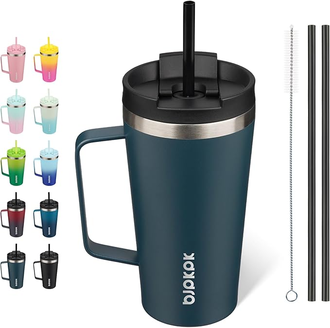 BJPKPK Insulated Tumbler with Handle, 18oz Insulated Tumblers with Lid and Straw, Stainless Steel Metal Water Bottles, Coffee Travel Mugs, Cups, Navy Blue