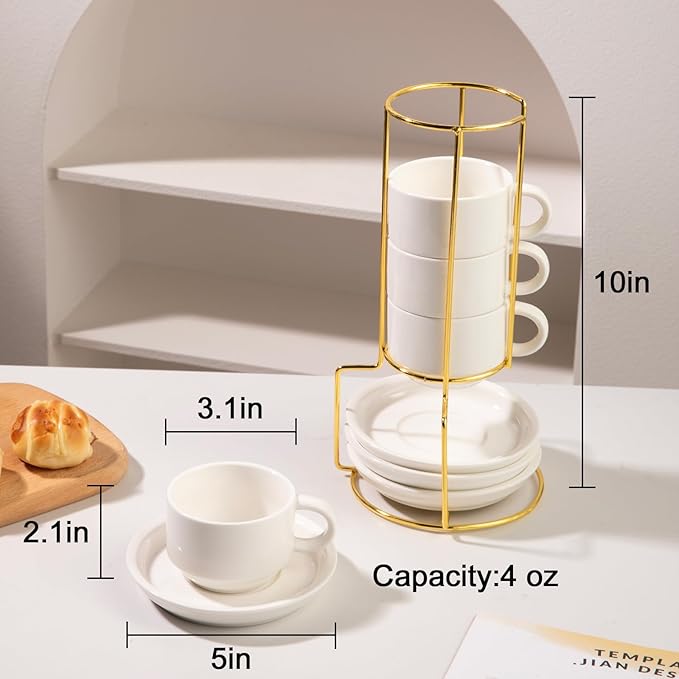 Sweejar Porcelain Espresso Cups with Saucers, 4 Ounce Stackable Cappuccino Cups with Metal Stand for Coffee Drinks, Latte, Tea - Set of 4 (White Gold Stand)