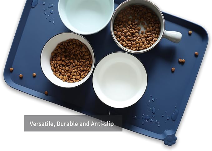 Hoki Found L Silicone Pet Food Mats with High Lips - Non Slip Cat Dog Bowl Placemats - Waterproof Cat Dog Feeding Mat - Indigo Ink