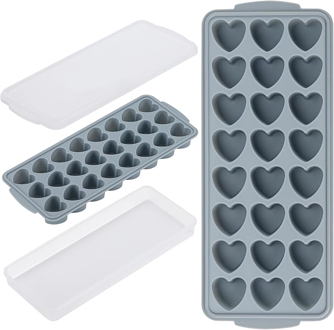 Heart Shaped Ice Cube Trays with Lid and Bins, Silicone Chocolate Mold, Easy Release Ice Trays, 24-Cavity Heart Molds for Ice Cubes, Gelatine, Baking and Candy