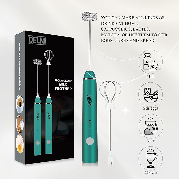 Delm Milk Frother Electric USB Stainless Steel Accessory - Frother Wand Foam Maker for Lattes - Milk Frother Handheld for Cappuccino, Frappe, Matcha, Hot Chocolate - Frother for Coffee (green)