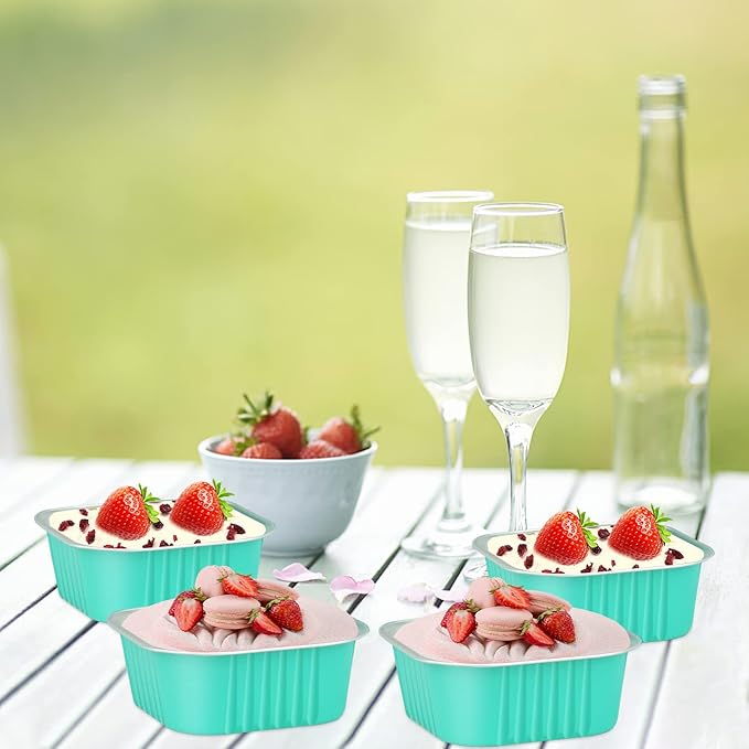 LNYZQUS 10oz/80pack Foil Mini Cake Tins with Lids 4”X4” Small Cake Baking Pans Cupcake Containers,Disposable Ramekins Mini Aluminum Brownie Pan Large Muffin Cups Holders-Cyan Blue