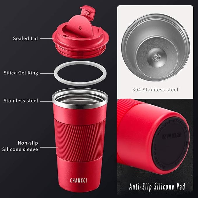 Travel Coffee Mug Spill Proof Leakproof 16 oz Insulated Coffee Mug with Screw Lid, Stainless Steel Vacuum Tumbler Reusable Thermal Coffee Cup to go for Hot and Cold Drinks -510ml,Red