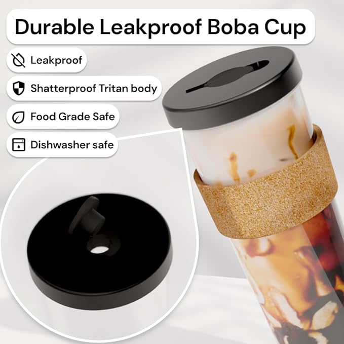 Dodoko Reusable Boba Cup and Straw Boba Tea Cup Bubble Tea Cup Reusable Iced Coffee Cup Cold Coffee Cup Smoothie Cup with Lid and Straw Smoothie Cup to go Smoothie Tumbler 24 oz - Night Black