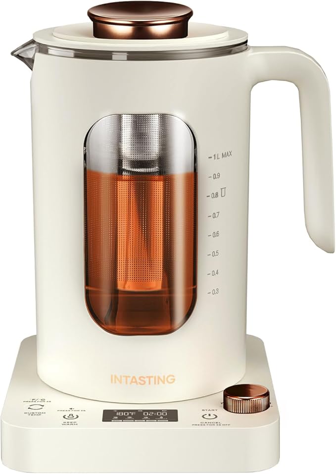 Electric Tea Kettle, INTASTING Glass Electric Kettle with tea Infuser and Precise knob temperature control, 1200W Fast Heating, BPA-Free, Easy to Clean, for Tea and coffee, 1 Liter (Cream White)