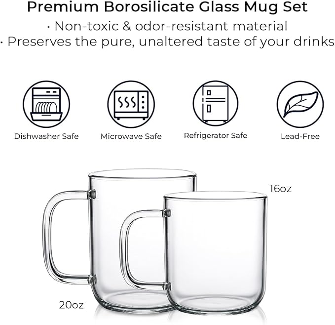 Aquach Glass Mugs 20 oz Set of 2, Extra Large Clear Glass Cup with Handle for Hot/Cold Coffee Tea Beverage, Drinking Glasses