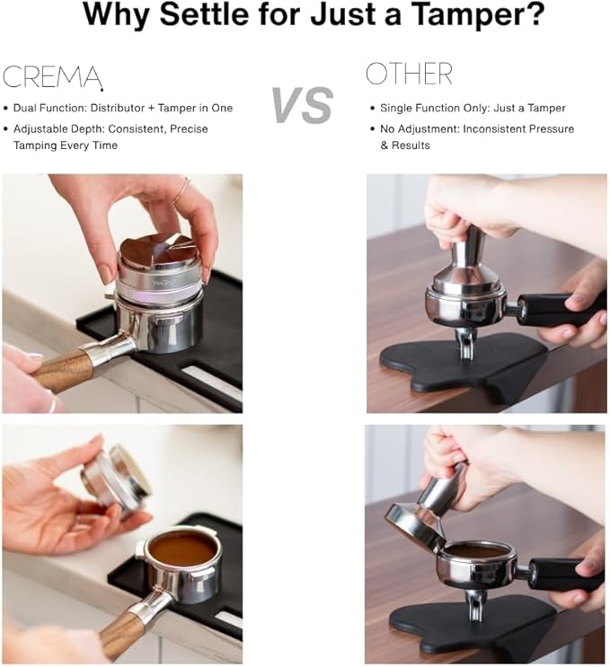 Crema Coffee Products 51mm Hand Tamper & Coffee Distributor|Compatible with Delonghi Dedica & La Specialista Portafilter|Double-Sided,Adjustable Depth Tool|Made with Durable 304 Stainless Steel|Silver