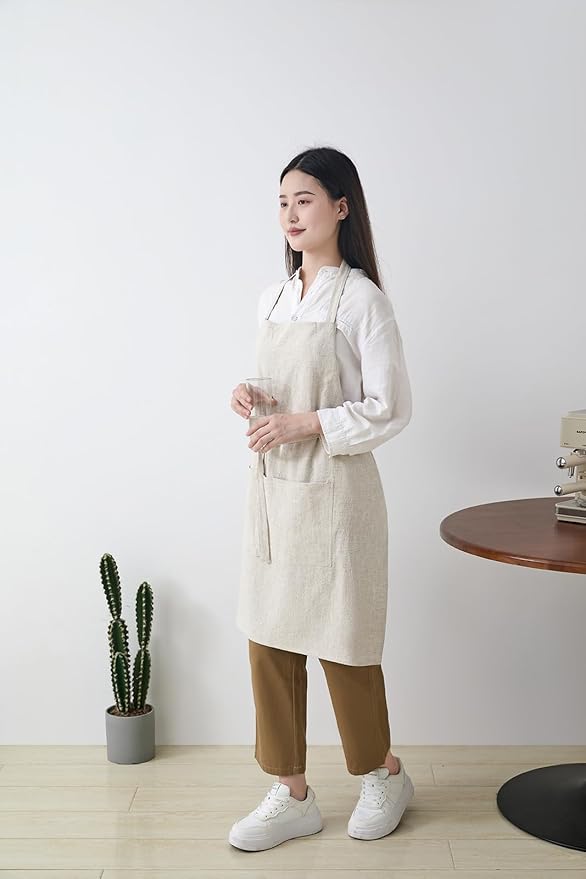Cotton Linen Apron for Women - Adjustable Casual Apron with Pocktes, Great for Florist, Coffee House and Kitchen