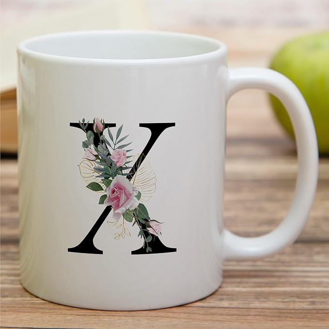 Retreez Initial A-Z Floral Botanical Bouquet Alphabet Monogrammed Monogram Mug 11 Oz Ceramic Tea Coffee Mugs - Appreciation Thank You Wedding Birthday Gifts for her friend coworker sister - X Initial