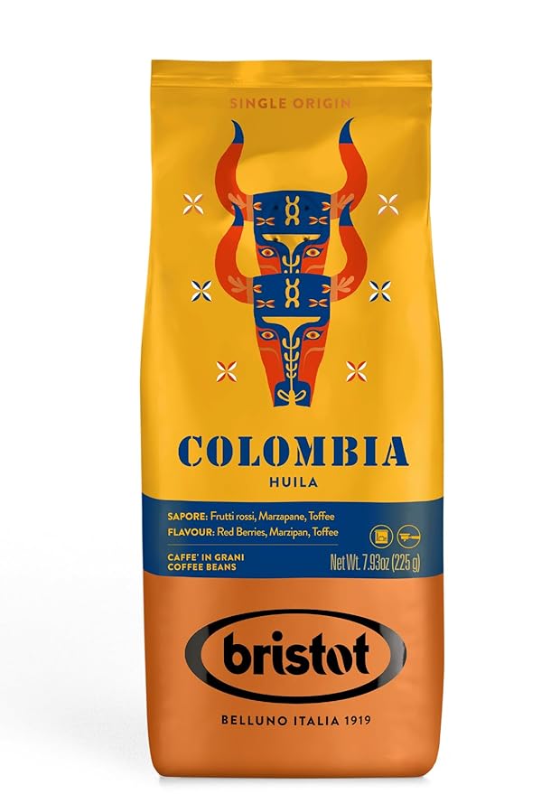 Bristot Colombia Huila Single Origin Espresso Beans – 100% Arabica Italian Coffee – Medium Roast with Notes of Red Berries, Marzipan & Toffee – 7.93 oz (225 g)