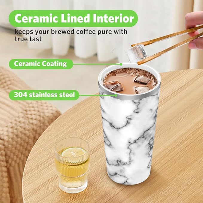 Insulated Coffee Mug with Ceramic Coating, 18oz Travel Mug with Leak-proof Lid, Vacuum Double-wall Tumbler, Stainless Steel Thermal Cup for Tea, Hot Cocoa, Cold Beverage, Ice Drinks