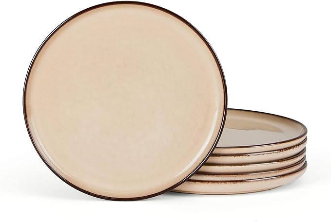 Herogo Ceramic 7.9 Inch Dinner Dessert Plates Set of 6, Small Stoneware Dinnerware Plate Set, Double Reactive Glaze Large Dinnerware Plates for Kitchen, Microwave, Oven & Dishwasher Safe, Cream Khaki