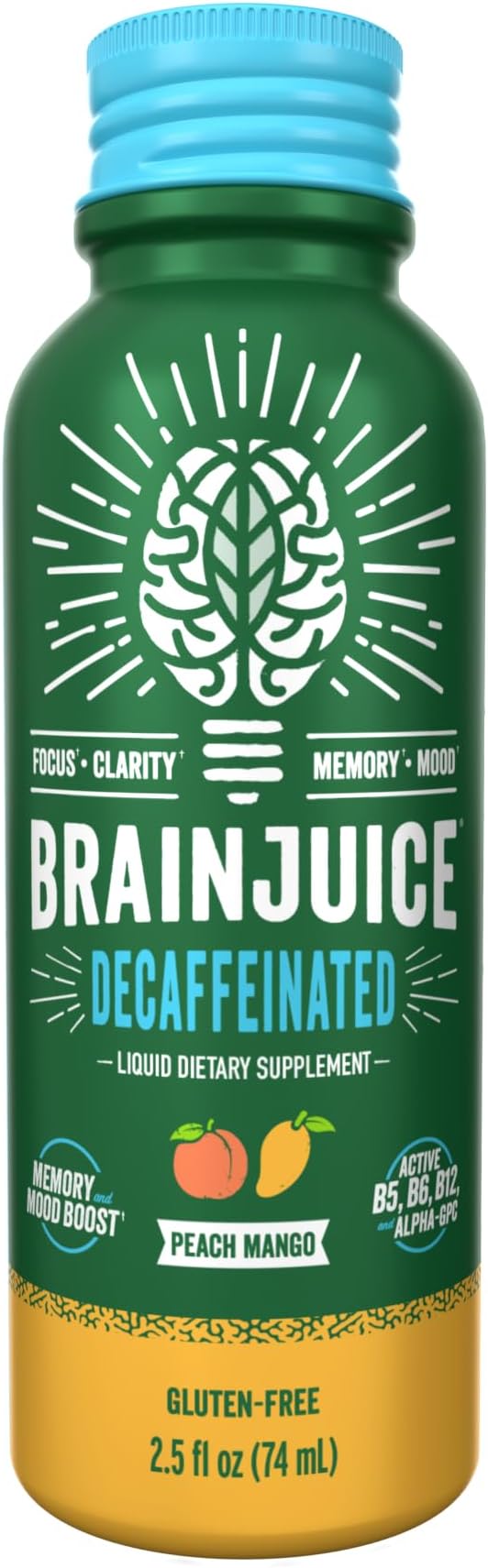 BrainJuice Decaf Brain Support Shot, Gluten Free Supplement Shots for Energy & Focus, Healthy Drinks with Alpha GPC, Vitamin B & Decaffeinated Green Tea Leaf, Classic, 2.5 fl oz, 12 Pack
