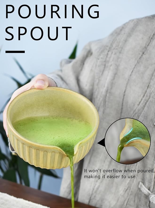 Artcome Matcha Bowl Set with Pouring Spout - Ceramic Matcha Bowl, Bamboo Whisk, Whisk Holder, Tea Scoop - Complete Traditional Japanese Tea Ceremony Kit for Home & Office - Ideal for Gift