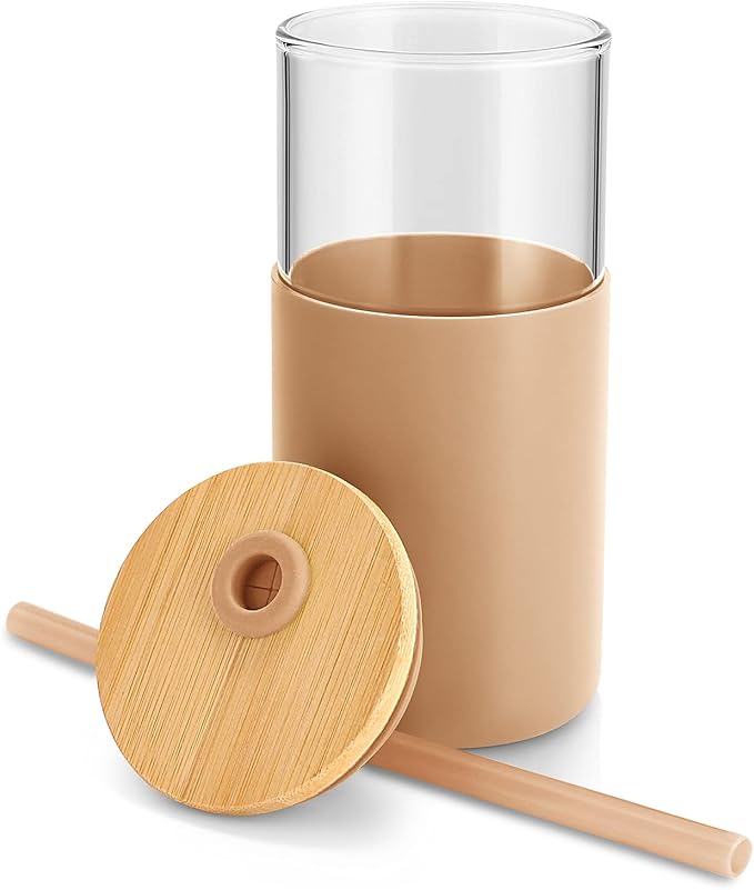 Tronco 16oz Glass Tumbler with Bamboo Lid and Straw, 2 Pack Reusable Iced Coffee & Smoothie Cups Silicone Sleeve, Dishwasher Safe, BPA-Free Glass Cup with Lid and Straw for Tea, Juice, Coffee