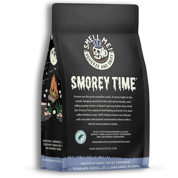 Bones Coffee Company S'morey Time, S'mores and Graham Crackers Flavored Coffee, Medium Roast Low Acid Arabica Beans Compatible with Auto drip and French Press Coffee Maker, 12 Oz Whole Bean