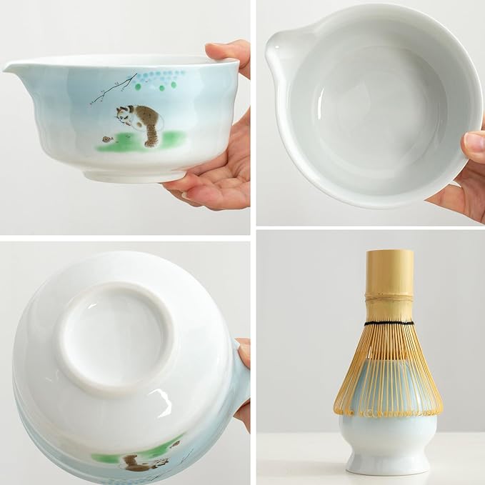Matcha whisk and bowl set, ceramic matcha bowl with spout, matcha tea set for breakfast, matcha latte, perfect matcha set for ceremony 7 piece set (blue)
