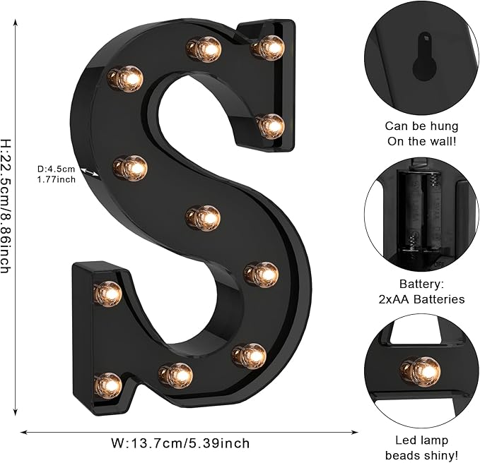 Foaky Black LED Letter Lights for Room Decor - Bedroom Wall Decor, Alphabet Lights for Home, Wedding, Party - Battery Operated （S）