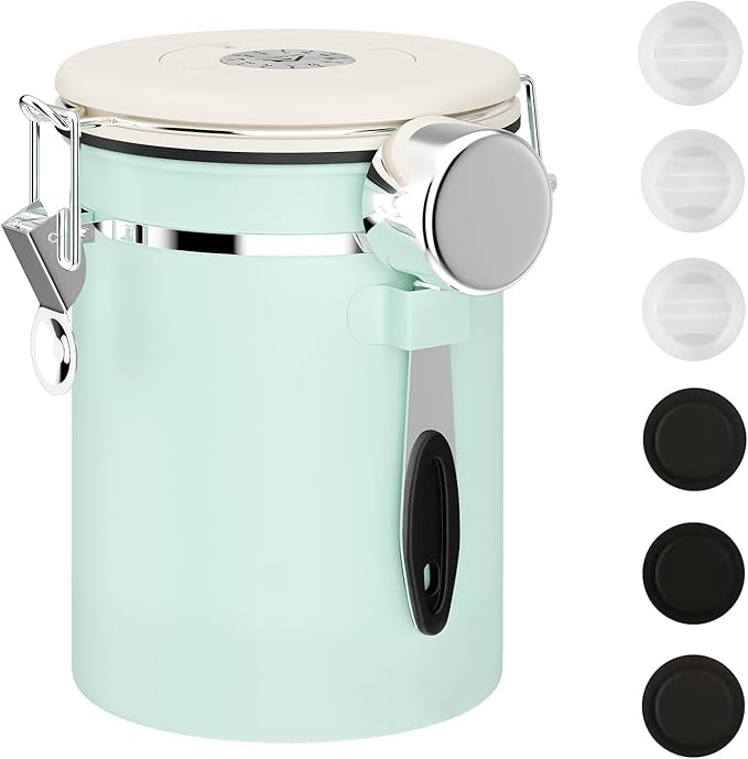 ShanSon Coffee Canister Airtight Coffee Container Stainless Steel Coffee Bean Storage Container with CO2 Release Valve and Scoop Coffee Canister for Beans,Grounds,Sugar,Flour,Tea,Cereal,22OZ,Green