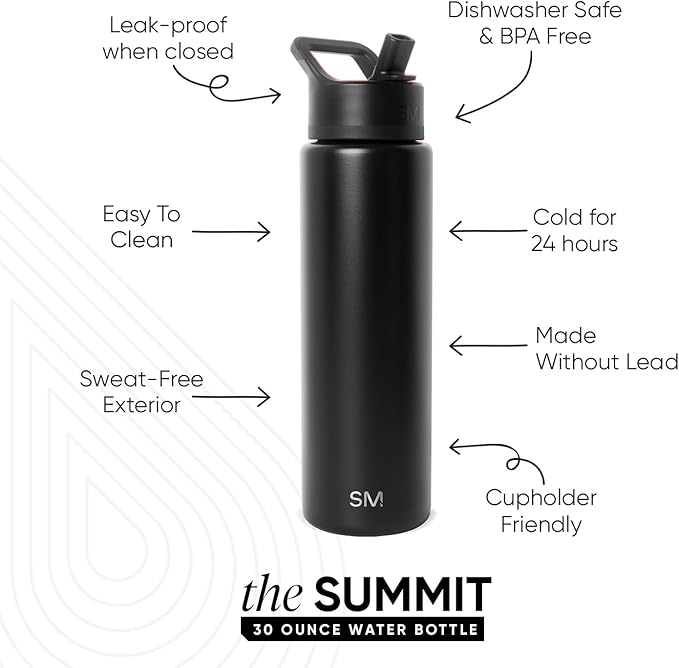 Simple Modern Water Bottle with Straw Lid | Vacuum Insulated Stainless Steel Metal Thermos | Reusable Leak Proof BPA-Free Flask for Sports Gym | Summit Collection | 30oz, Midnight Black