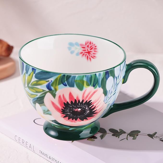 Vintage Flower Mugs – Large Ceramic Coffee Mug (15oz) – Cute Cereal Cup for Breakfast, Oatmeal Tea & Hot Drinks – Handmade Ceramic Cup with Floral Design