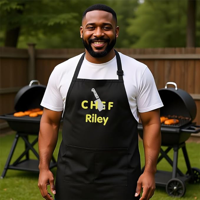 Personalized Chef Apron for Men, Custom Embroidered Design, Professional Kitchen Cooking BBQ Grilling for Dad, Decorated in USA