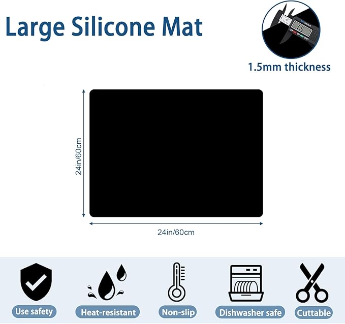 24"x24"(60cmx60cm) Silicone Mat for Kitchen Counter, Heat Resistant Non-Slip Countertop Protector, Waterproof Silicone Craft Mat for Kitchen Island, Semitransparent