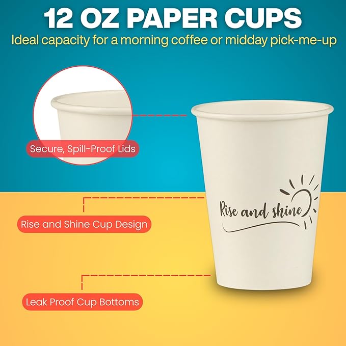 Smygoods Disposable Coffee Cups, To Go Paper Hot Cups, Rise and Shine Design (12 OZ, 100 Count) For Hot Beverages, Coffee, Tea, Espresso, Cocoa - Vasos Para Cafe